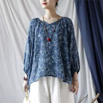 Johnature женские винтажные синие футболки с цветочным принтом, футболки с v-образным вырезом и рукавами-фонариками, весенние свободные женские футболки высокого качества