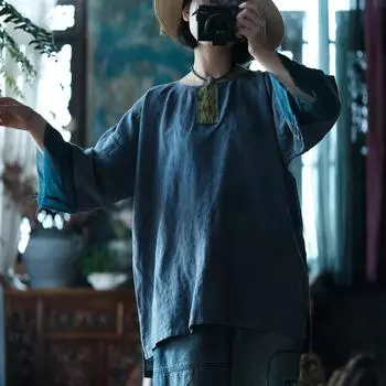 Johnature женские винтажные синие футболки с вышивкой в стиле пэчворк, весенние свободные футболки с длинными рукавами и круглым вырезом One Size