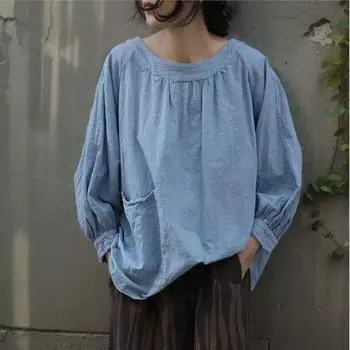 Johnature женские винтажные синие футболки в стиле пэчворк с карманами, весенние свободные футболки с круглым вырезом и длинными рукавами