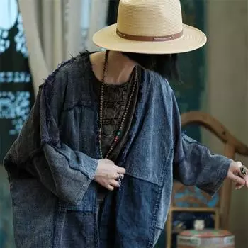 Johnature женские винтажные синие лоскутные цветные куртки осенние хлопковые льняные свободные женские куртки с рукавами «летучая мышь» в китайском стиле пальто One Size темно-синий