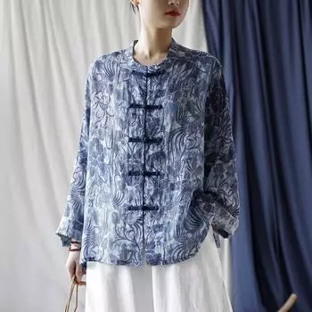 Johnature женские винтажные синие рубашки с цветочным принтом, топы, осенние рубашки со стойкой и длинными рукавами на пуговицах, рубашки в китайском стиле One Size синий