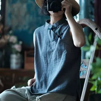 Johnature Женские винтажные синие рубашки, топы без рукавов, летние женские рубашки на пуговицах в китайском стиле One Size синий