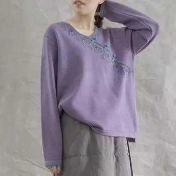 Johnature женские винтажные свитера из смеси хлопка с вышивкой, свободные свободные свитера с v-образным вырезом и длинными рукавами, осенне-зимний свитер на пуговицах One Size фиолетовый