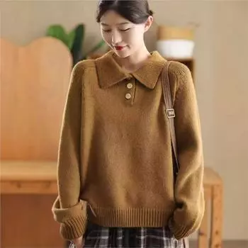 Johnature Женские винтажные свитера-пуловеры Однотонные трикотажные свитера с отложным воротником из хлопка Теплые зимние повседневные свитера One Size кофейный
