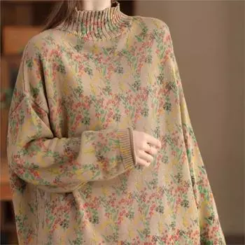 Johnature Женские винтажные свитера с цветочным принтом, свитера с воротником-стойкой и длинными рукавами, осенние вязаные хлопковые свитера One Size дубильная кора
