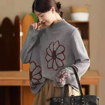 Johnature Женские винтажные свитера с цветочным принтом, свитера с воротником-стойкой и длинным рукавом, весенние вязаные мягкие свитера One Size чёрный