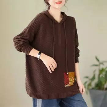 Johnature женские винтажные свитера с капюшоном вязаная хлопковая одежда с длинными рукавами осенние свободные лоскутные повседневные свитера One Size зелёный