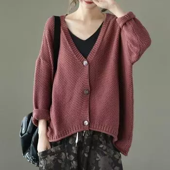 Johnature женские винтажные свитера с v-образным вырезом и длинными рукавами, кардиган, однотонная повседневная одежда на пуговицах, вязаные хлопковые свитера One Size темно-синий