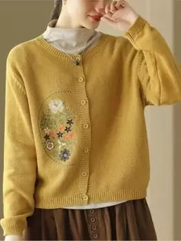 Johnature женские винтажные свитера с вышивкой и цветочным принтом, кардиган на пуговицах с круглым вырезом и длинными рукавами, вязаные хлопковые весенние мягкие свитера One Size зелёный