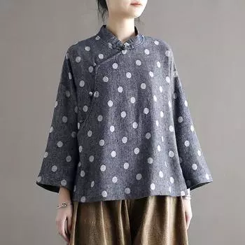 Johnature женские винтажные свободные пальто с потертостями стоячее свободное пальто в горошек с длинными рукавами весенняя одежда в китайском стиле One Size темно-синий