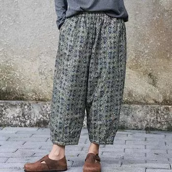 Johnature женские винтажные теплые брюки с цветочным принтом и эластичной резинкой на талии, хлопковые и льняные толстые осенне-зимние брюки, свободные брюки