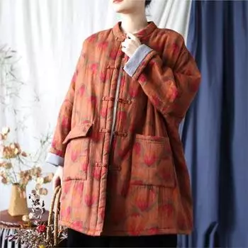 Johnature женские винтажные теплые парки на пуговицах с карманами и длинными рукавами, зимние пальто с цветочным принтом в китайском стиле One Size темно-оранжевого