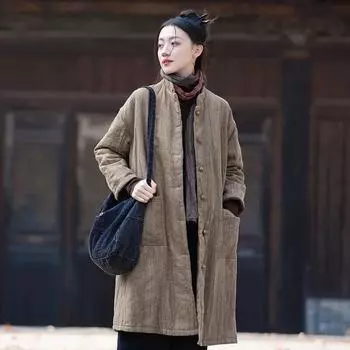 Johnature женские винтажные теплые парки со стойкой и длинными рукавами на пуговицах, хлопковые пальто в китайском стиле, парки высокого качества One Size темный кофе