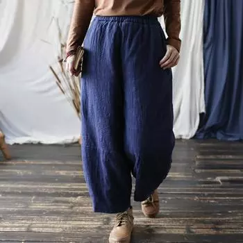 Johnature женские винтажные теплые повседневные брюки Ramie с эластичной резинкой на талии, зимние брюки с карманами, свободные женские хлопковые брюки One Size чёрный