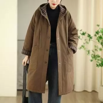 Johnature Женские винтажные теплые зимние пальто с капюшоном на пуговицах с длинным рукавом One Size кофейный