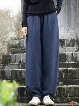 Johnature женские винтажные толстые брюки Ramie, осенние однотонные свободные теплые женские длинные брюки с эластичной резинкой на талии и карманами S чёрный