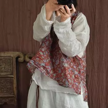 Johnature женские винтажные топы без рукавов с круглым вырезом и цветочным принтом, весенние женские топы на бретелях в китайском стиле Ramie One Size кофейный