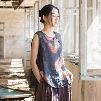 Johnature женские винтажные топы на бретельках с цветочным принтом рами с круглым вырезом без рукавов и пуговицами летние женские майки в китайском стиле One Size синий