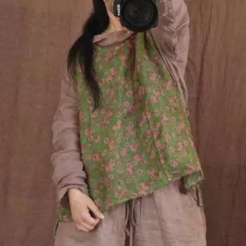 Johnature женские винтажные топы на бретелях с цветочным принтом и круглым вырезом без рукавов в китайском стиле, весенняя женская одежда, повседневная льняная майка One Size зелёный