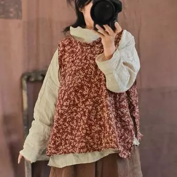 Johnature женские винтажные топы на бретелях с цветочным принтом и круглым вырезом, одежда в китайском стиле, летняя свободная женская майка на пуговицах One Size красный