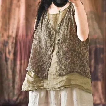 Johnature женские винтажные топы на бретелях с цветочным принтом рами и пуговицами, одежда без рукавов с v-образным вырезом, летняя майка в китайском стиле