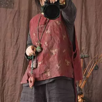 Johnature женские винтажные топы высокого качества без рукавов с поясом и круглым вырезом сезон: весна-лето льняные принты с цветочным лоскутным цветным принтом One Size чёрный