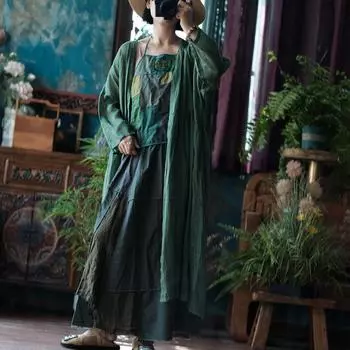 Johnature Женские винтажные тренчи Зеленые пальто с длинным рукавом V-образным вырезом Вышитые цветочные ткани Осенние пальто в китайском стиле One Size зелёный