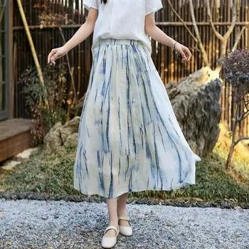 Johnature женские винтажные юбки с эластичной резинкой на талии и цветочным принтом, весенние мягкие повседневные юбки высокого качества M синий