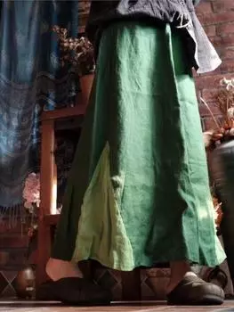 Johnature женские винтажные юбки с эластичной резинкой на талии в стиле пэчворк зеленого льна, одежда высокого качества, весенние женские юбки One Size зелёный