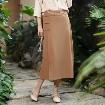 Johnature Женские винтажные юбки с цветочной вышивкой и пуговицами, однотонные весенние юбки трапециевидной формы в китайском стиле M коричневый