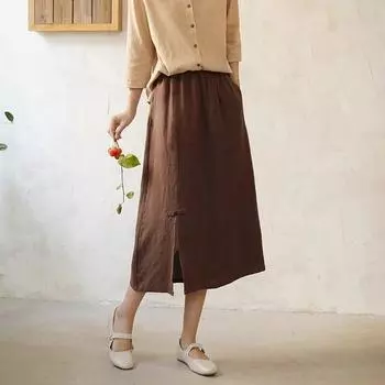 Johnature женские винтажные юбки трапециевидной формы с эластичной резинкой на талии, весенние однотонные женские юбки на пуговицах в китайском стиле M коричневый
