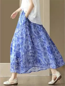 Johnature Женские винтажные юбки трапециевидной формы с эластичной резинкой на талии и цветочным принтом, летние женские мягкие юбки высокого качества One Size зелёный