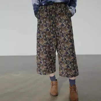 Johnature женские винтажные вельветовые широкие брюки с цветочным принтом плюс хлопковые брюки зимние брюки высокого качества с эластичной резинкой на талии One Size темно-синий
