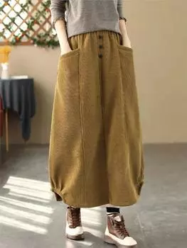 Johnature женские винтажные вельветовые юбки с эластичной резинкой на талии плюс теплые лоскутные карманы на пуговицах зимние юбки трапециевидной формы