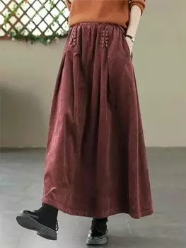 Johnature женские винтажные вельветовые юбки трапециевидной формы с эластичной резинкой на талии однотонные лоскутные карманы весенние толстые женские юбки