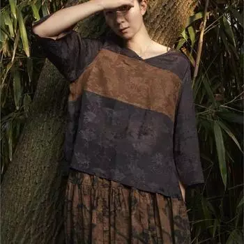 Johnature женские винтажные весенние футболки в стиле пэчворк, цветные футболки с v-образным вырезом и семью рукавами, жаккардовые футболки высокого качества One Size кофейный