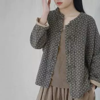 Johnature женские винтажные весенние куртки хлопковые пальто со стойкой на пуговицах в китайском стиле с длинными рукавами и цветочным принтом женские куртки One Size серый