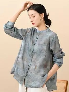 Johnature женские винтажные весенние рубашки Ramie с длинными рукавами и принтом-стойкой, свободные блузки в китайском стиле, женские рубашки