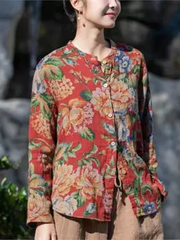 Johnature женские винтажные весенние рубашки с принтом и длинными рукавами, хлопковые топы в китайском стиле, мягкие женские рубашки на пуговицах One Size