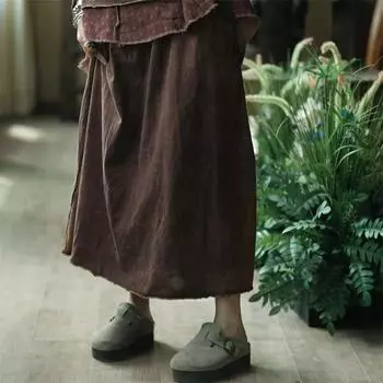 Johnature женские винтажные вязаные хлопковые юбки осенние мягкие женские юбки трапециевидной формы с эластичной резинкой на талии в стиле пэчворк One Size кофейный