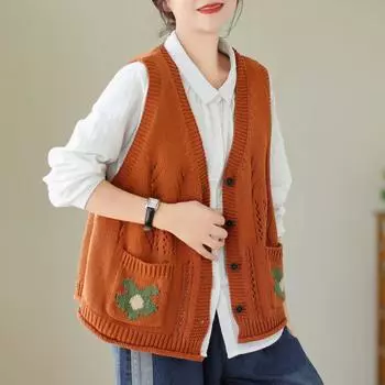 Johnature женские винтажные вязаные свитера без рукавов с v-образным вырезом и пуговицами, осенние лоскутные карманы, женские свитера, жилет One Size оранжевый