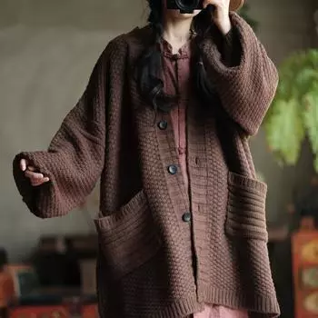 Johnature Женские винтажные вязаные свитера Кардиган Осенний однотонный свитер с карманами на пуговицах и V-образным вырезом с длинным рукавом One Size коричневый