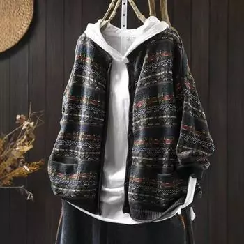 Johnature Женские винтажные вязаные свитера с длинным рукавом Весенние карманы Принт Цветочный кардиган Свитера в китайском стиле One Size зелёный