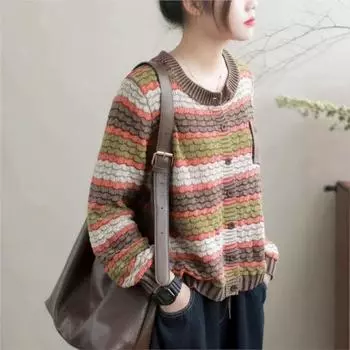 Johnature Женские винтажные вязаные свитера с круглым вырезом и длинным рукавом в полоску, весенние мягкие свитера с карманами в стиле пэчворк One Size