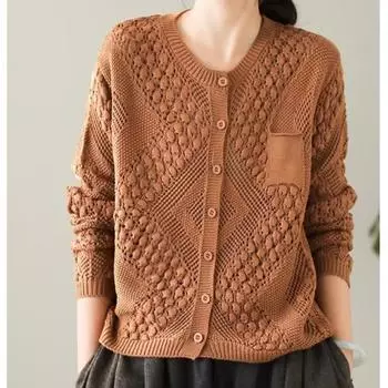 Johnature Женские винтажные вязаные жаккардовые свитера с круглым вырезом и длинным рукавом Осенние однотонные свитера с пуговицами в китайском стиле One Size