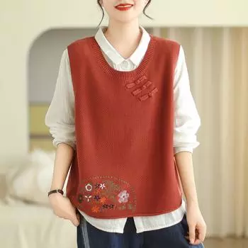 Johnature Женские винтажные вязаные жилеты без рукавов с круглым вырезом и вышивкой из цветочных тканей Осенние пуловеры на пуговицах Жилеты One Size темно-синий