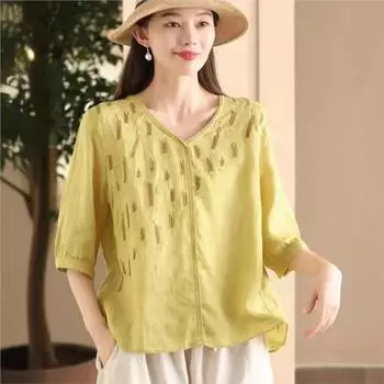 Johnature Женские винтажные вышитые цветочные футболки однотонные летние V-образные вырезы с коротким рукавом свободные повседневные футболки One Size светло-зеленый