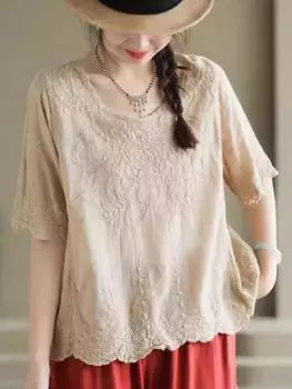 Johnature Женские винтажные вышитые цветочные футболки с круглым вырезом и коротким рукавом Летние мягкие жаккардовые женские футболки One Size чёрный