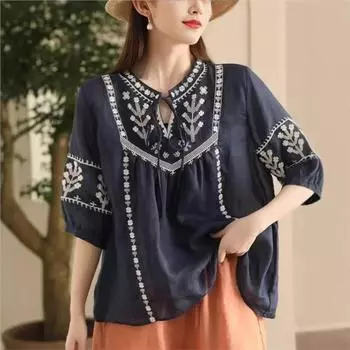 Johnature Женские винтажные вышитые цветочные футболки с круглым вырезом и коротким рукавом Летние свободные футболки в китайском стиле One Size светло-синий