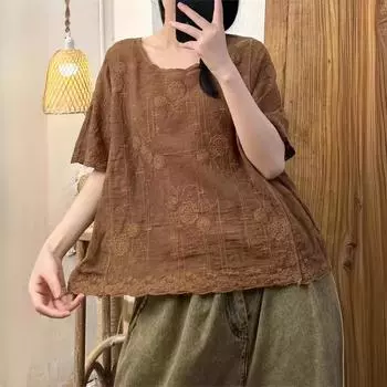 Johnature Женские винтажные вышитые цветочные футболки с круглым вырезом и коротким рукавом Летние свободные повседневные футболки